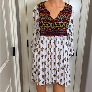 Umgee Boho Babydoll Dress Colorful Tribal Print Long Sleeve Flowy Medium
